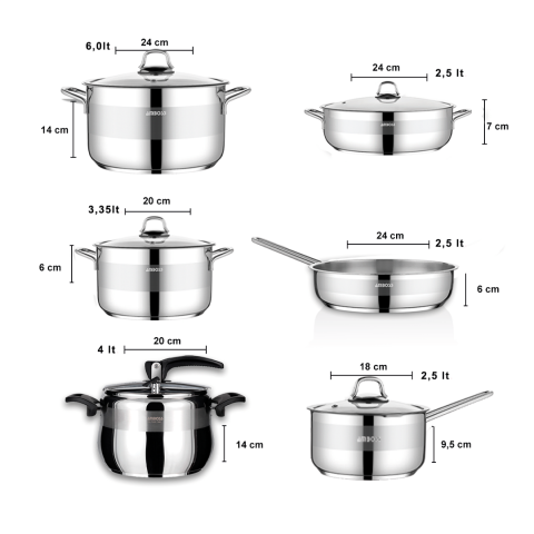 Merkür 11 Parça Tüm Ocaklara Uyumlu Paslanmaz Çelik Tencere Tava Sütlük Düdüklü Tencere Seti