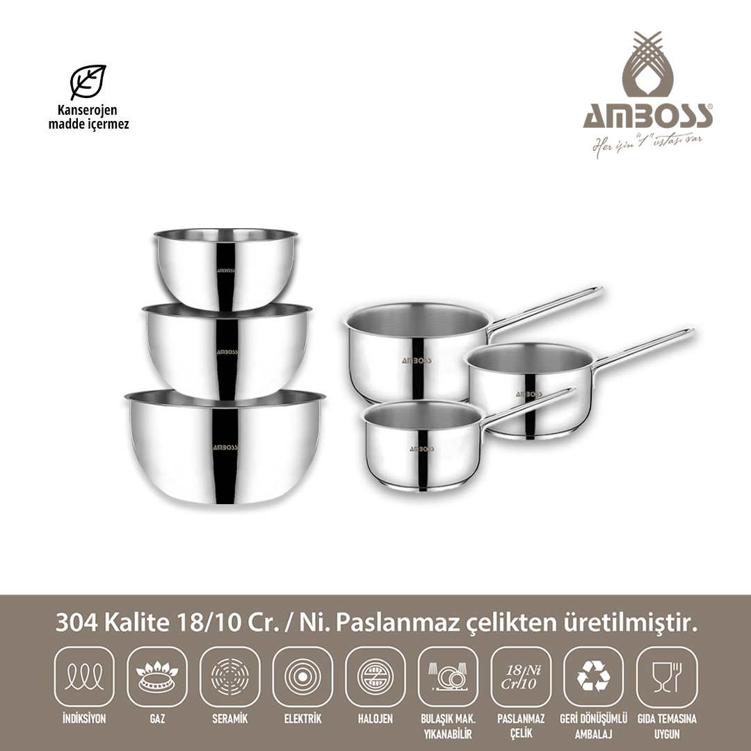 Neptün 6 Parça Paslanmaz Çelik Karıştırma Kabı Sütlük Seti