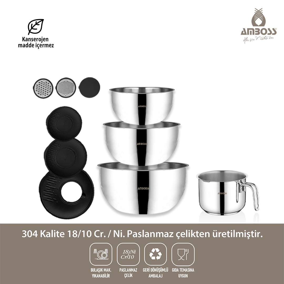 Uranüs 10 Parça Paslanmaz Çelik Rendeli Kase Sütlük Sosluk Seti