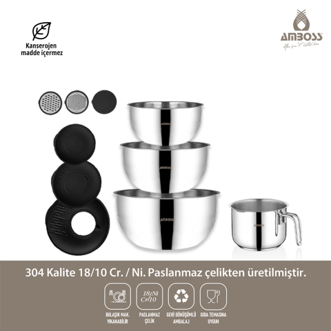 Uranüs 10 Parça Paslanmaz Çelik Rendeli Kase Sütlük Sosluk Seti