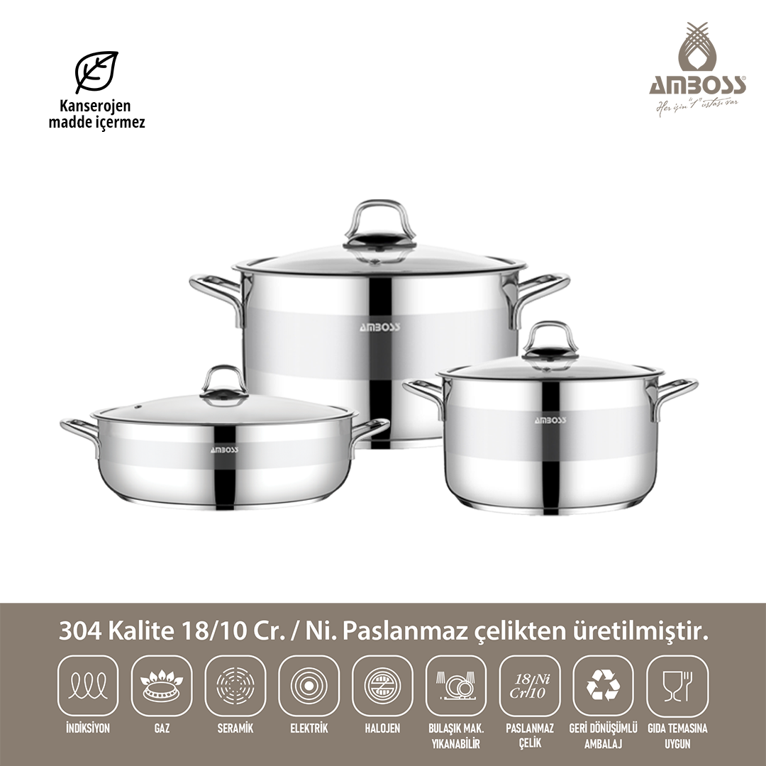 Valeria 6 Parça Tüm Ocaklara Uyumlu Paslanmaz Çelik Tencere Tava Seti