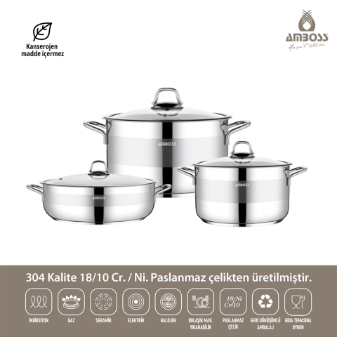 Valeria 6 Parça Tüm Ocaklara Uyumlu Paslanmaz Çelik Tencere Tava Seti