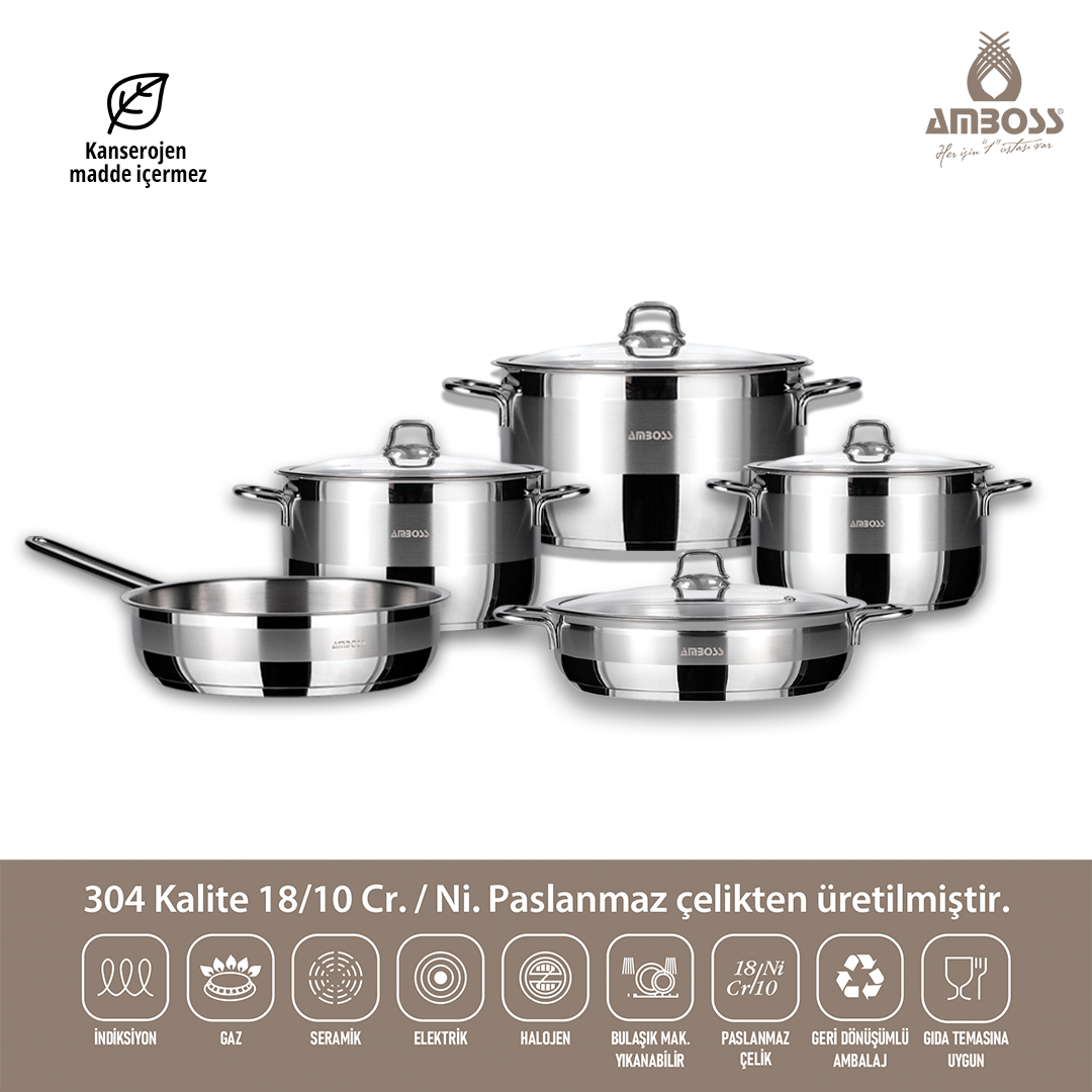 Silvana 9 Parça Tüm Ocaklara Uyumlu Paslanmaz Çelik Tencere Tava Seti