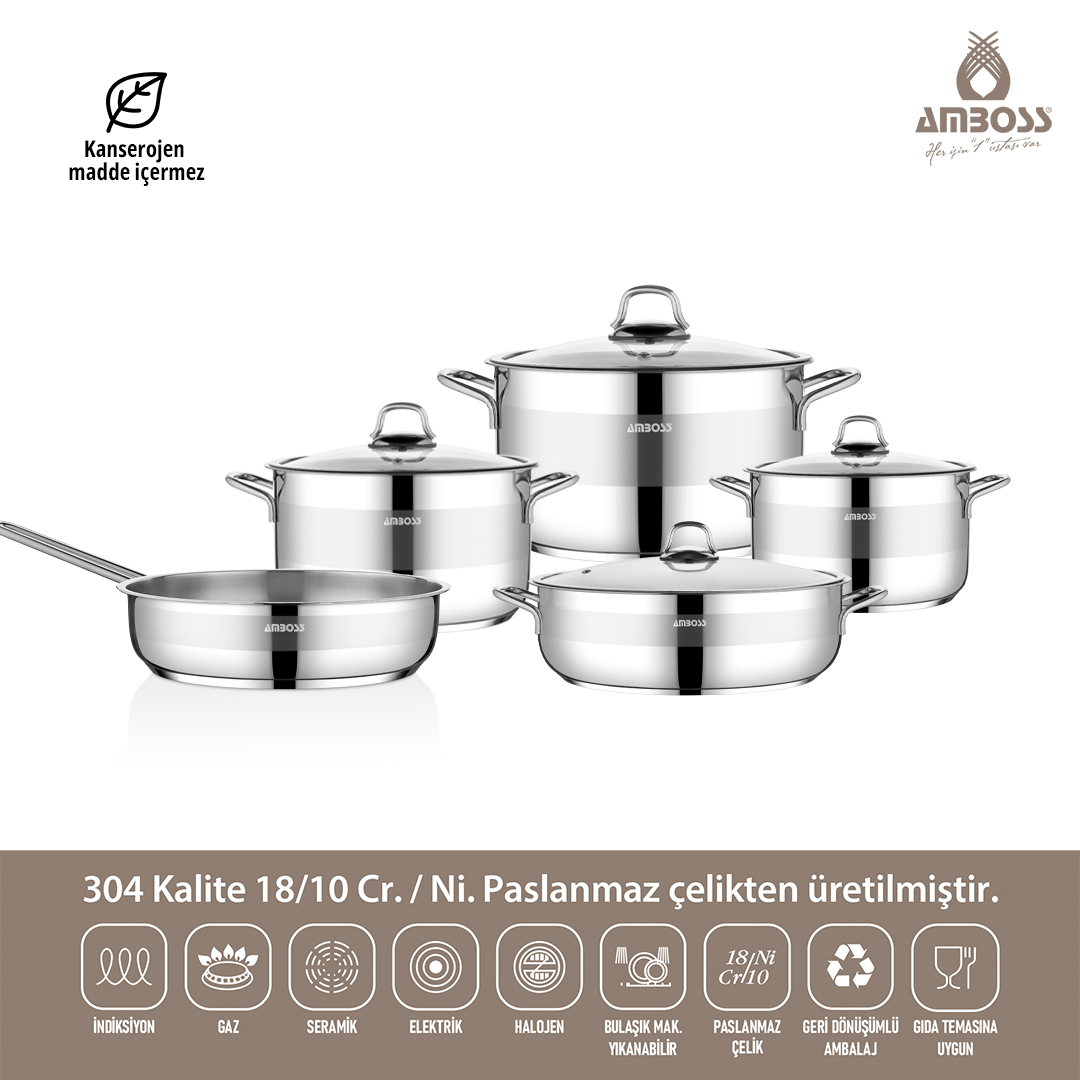 Silvana 9 Parça Tüm Ocaklara Uyumlu Paslanmaz Çelik Tencere Tava Seti