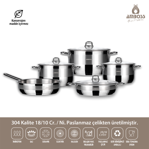 Silvana 9 Parça Tüm Ocaklara Uyumlu Paslanmaz Çelik Tencere Tava Seti
