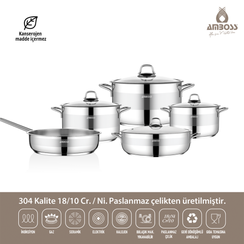 Silvana 9 Parça Tüm Ocaklara Uyumlu Paslanmaz Çelik Tencere Tava Seti