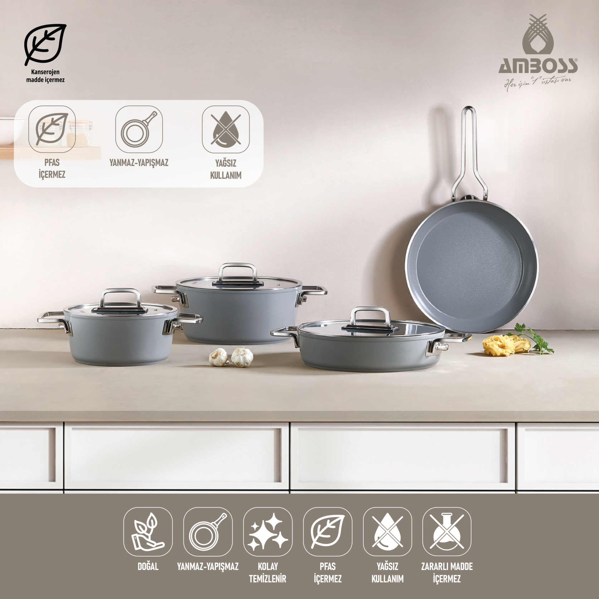 Sera Nova 7 Parça Seramik Tencere Tava Seti Gri