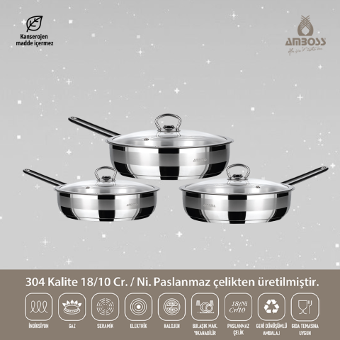 Mega Steel 6 Parça Kapaklı Paslanmaz Çelik Tava Seti