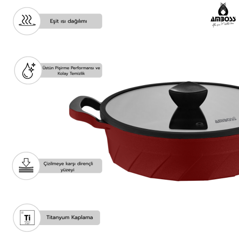 Vento 7 Parça Döküm Titanyum Kaplama Tencere Tava Seti Kırmızı