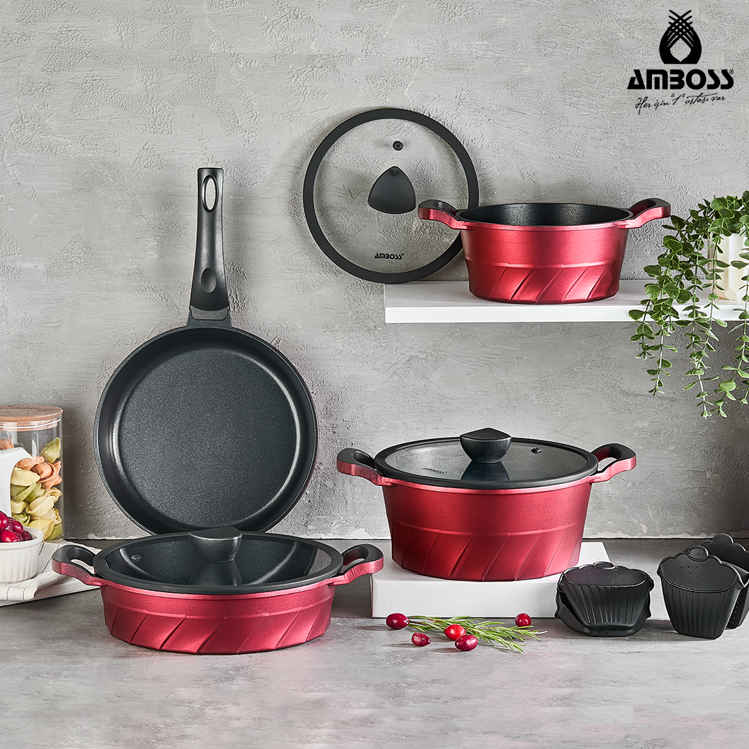 Vento 7 Parça Döküm Titanyum Kaplama Tencere Tava Seti Kırmızı
