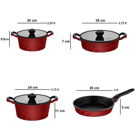 Vento 7 Parça Döküm Titanyum Kaplama Tencere Tava Seti Kırmızı