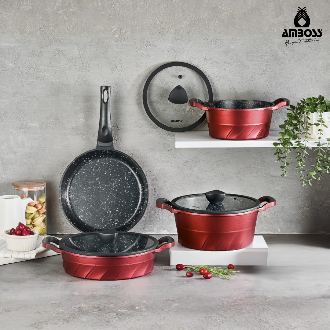 Vento 7 Parça Döküm Tencere Tava Seti Kırmızı