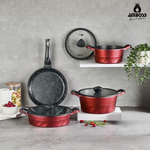 Vento 7 Parça Döküm Tencere Tava Seti Kırmızı