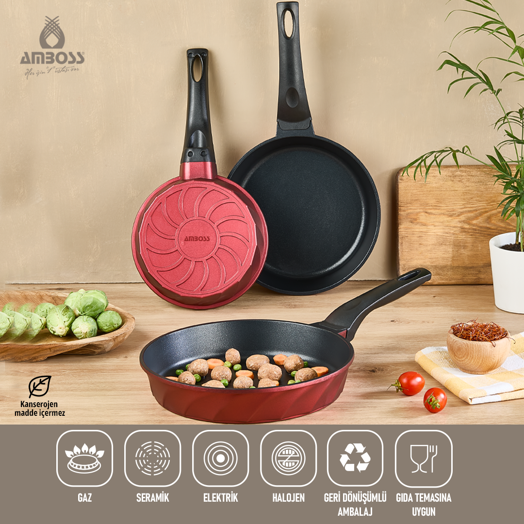 Vento Döküm Titanyum Kaplama 3 Parça Tava Seti - Kırmızı