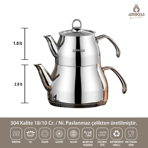 Amboss Prime 4 Parça Paslanmaz Çelik Orta Boy Çaydanlık