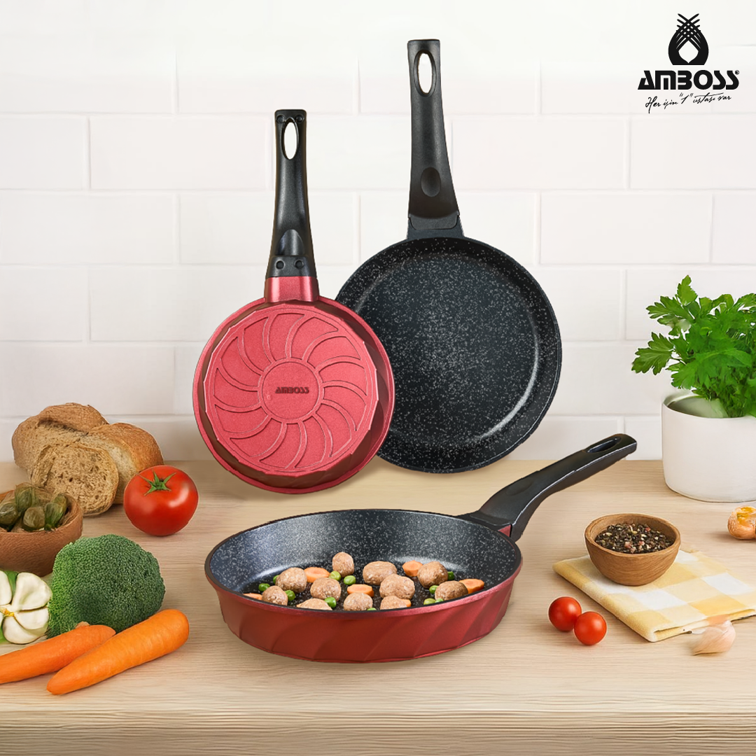 Amboss Paris 3 Parça Döküm Titanyum Kaplama Tava Seti Kırmızı