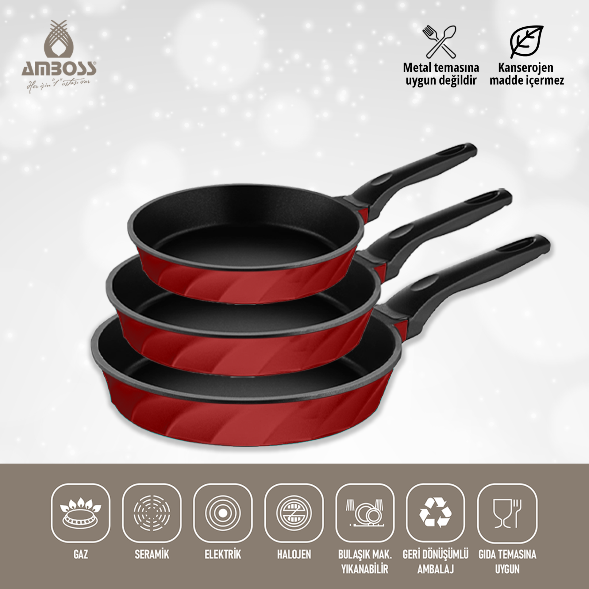 Amboss Paris 3 Parça Döküm Titanyum Kaplama Tava Seti Kırmızı