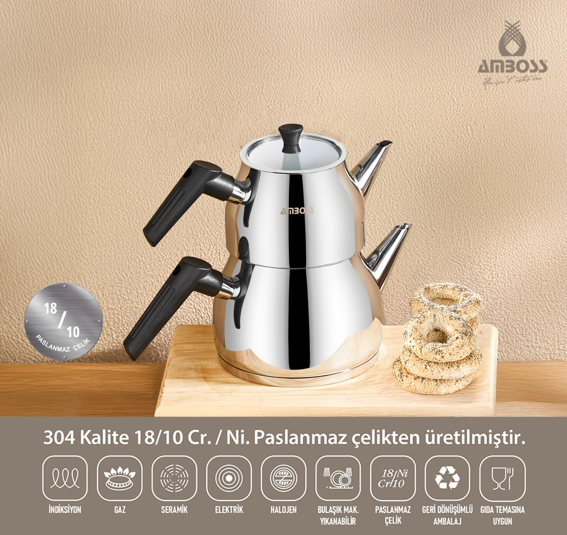 Copper 4 Parça İndüksiyon Uyumlu Paslanmaz Çelik Süzgeçli Cam Kapaklı Büyük Boy Çaydanlık