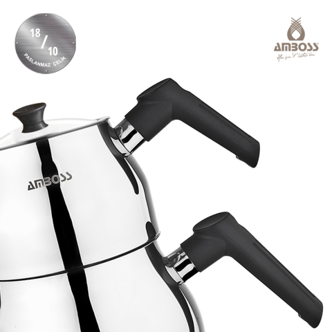 Copper 4 Parça İndüksiyon Uyumlu Paslanmaz Çelik Süzgeçli Cam Kapaklı Büyük Boy Çaydanlık