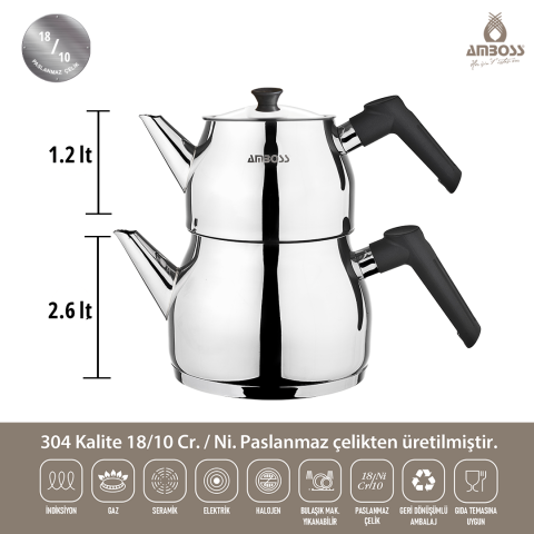 Copper 4 Parça İndüksiyon Uyumlu Paslanmaz Çelik Süzgeçli Cam Kapaklı Büyük Boy Çaydanlık