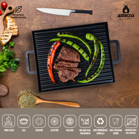 Amboss 11 Parça Izgara Gözleme Tava  Çelik Saklama Kabı ve Çaydanlık Piknik Seti