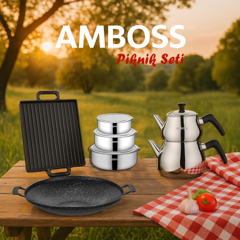 Amboss 11 Parça Izgara Gözleme Tava  Çelik Saklama Kabı ve Çaydanlık Piknik Seti