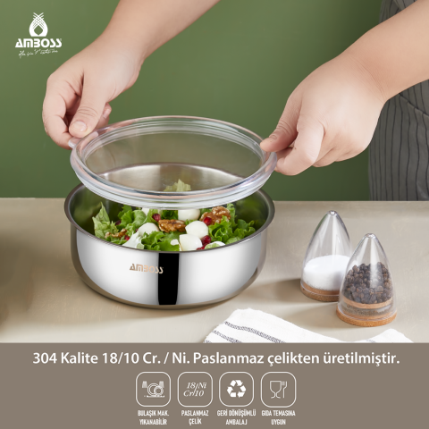 Amboss SteelBox 2 Parça Paslanmaz Çelik Şeffaf Kapaklı Saklama Kabı 18 cm