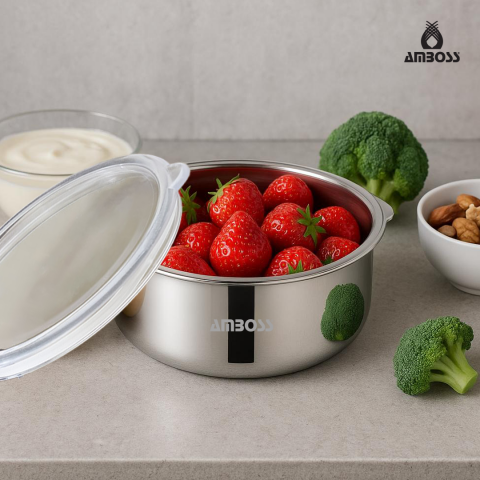 Amboss SteelBox 2 Parça Paslanmaz Çelik Şeffaf Kapaklı Saklama Kabı 18 cm