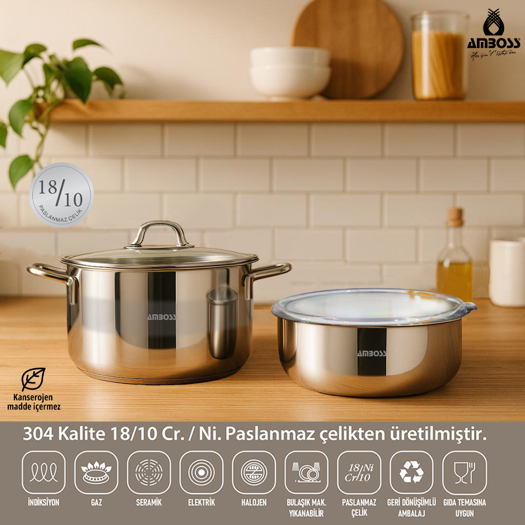 Amboss 4 Parça Cook and Store Paslanmaz Çelik Tencere Saklama Kabı Pratik Set