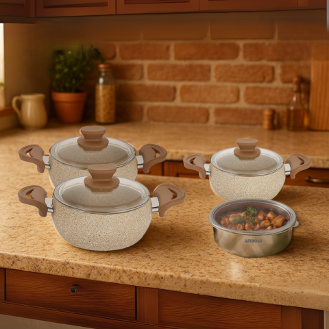 Amboss 8 Parça Tor Pişir Sakla Granit Tencere Çelik Saklama Kabı