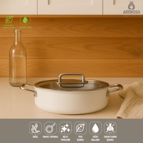 Amboss Sera Nova Seramik Yanmaz Yapışmaz Basık Tencere 26 cm – Beyaz