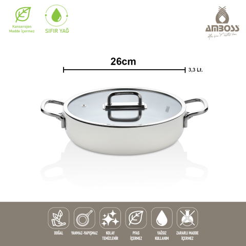 Amboss Sera Nova Seramik Yanmaz Yapışmaz Basık Tencere 26 cm – Beyaz