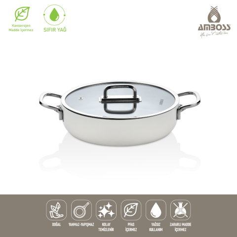 Amboss Sera Nova Seramik Yanmaz Yapışmaz Basık Tencere 26 cm – Beyaz