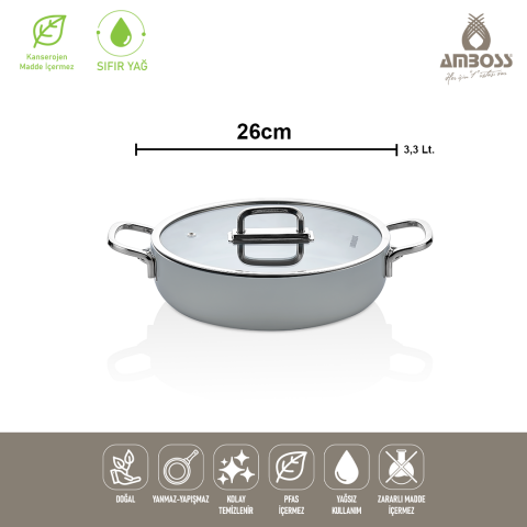 Amboss Sera Nova Seramik Yanmaz Yapışmaz Basık Tencere 26 cm – Gri