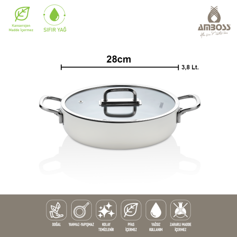 Amboss Sera Nova Seramik Yanmaz Yapışmaz Basık Tencere 28 cm – Beyaz