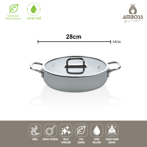 Amboss Sera Nova Seramik Yanmaz Yapışmaz Basık Tencere 28 cm – Gri