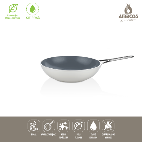 Amboss Sera Nova Yanmaz Yapışmaz Seramik Wok Tava 28 cm – Beyaz