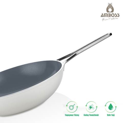 Amboss Sera Nova Yanmaz Yapışmaz Seramik Wok Tava 28 cm – Beyaz