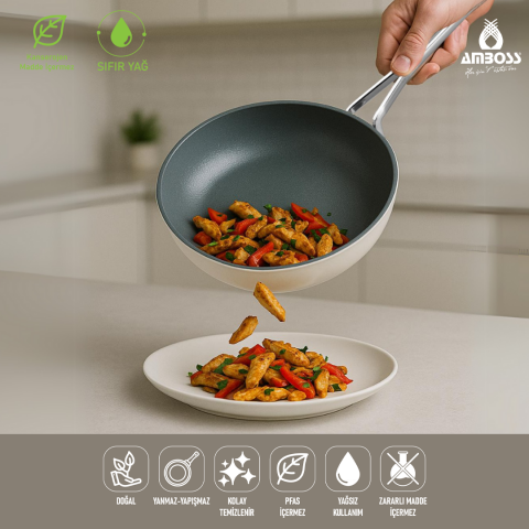 Amboss Sera Nova Yanmaz Yapışmaz Seramik Wok Tava 28 cm – Beyaz