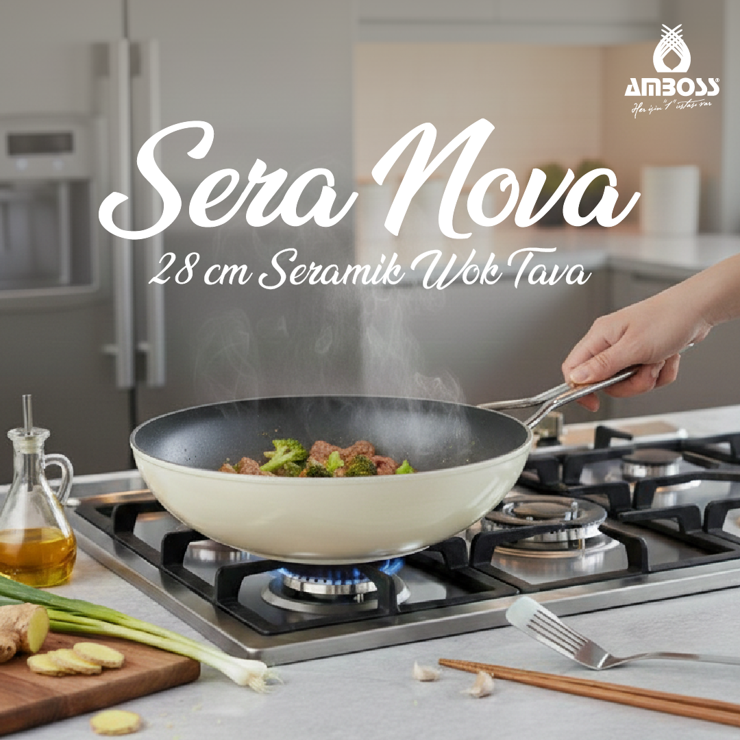 Amboss Sera Nova Yanmaz Yapışmaz Seramik Wok Tava 28 cm – Beyaz