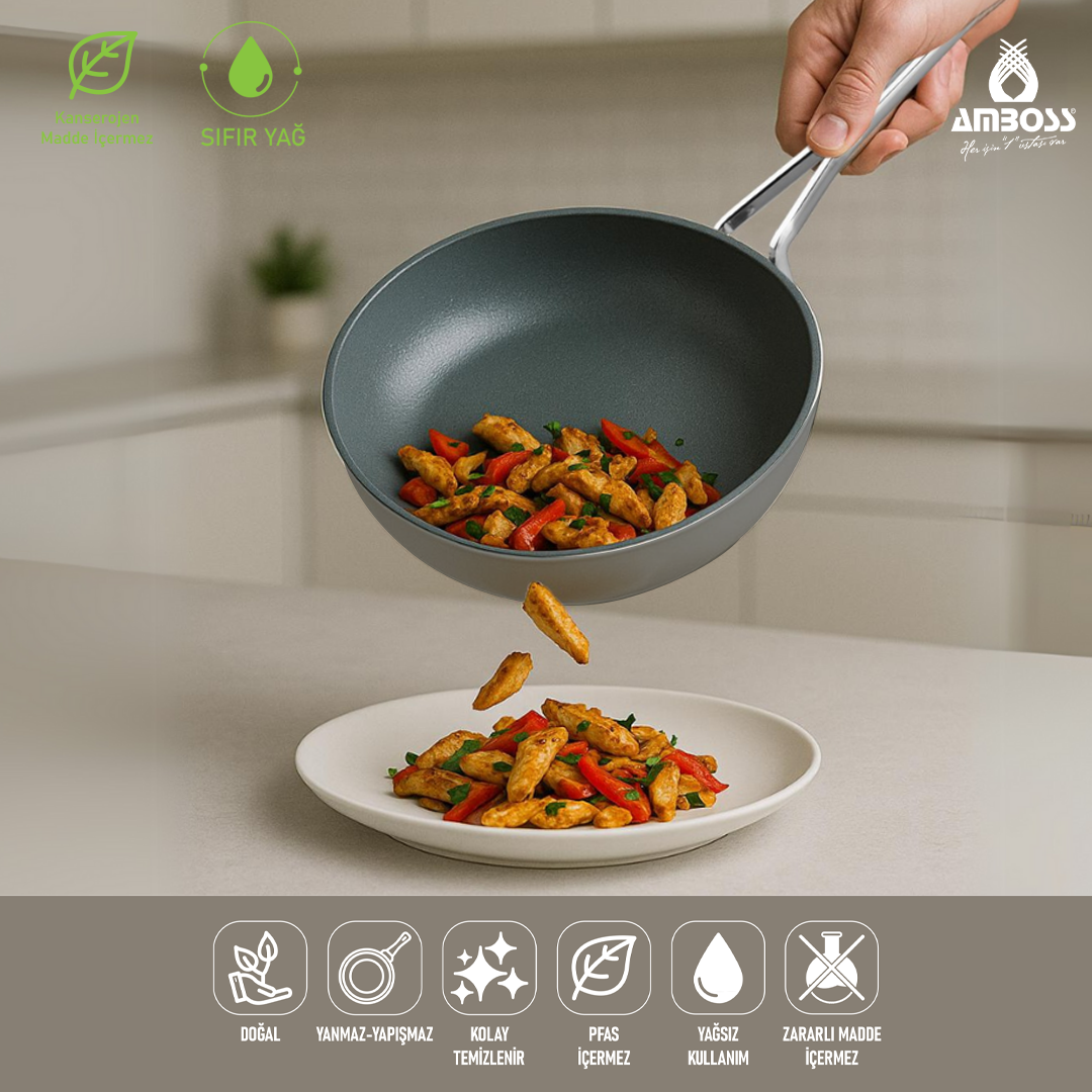 Amboss Sera Nova Yanmaz Yapışmaz Seramik Wok Tava 28 cm – Gri