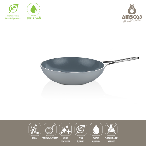 Amboss Sera Nova Yanmaz Yapışmaz Seramik Wok Tava 28 cm – Gri