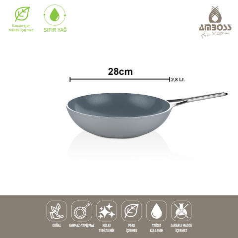 Amboss Sera Nova Yanmaz Yapışmaz Seramik Wok Tava 28 cm – Gri