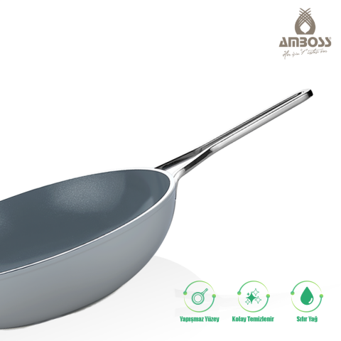 Amboss Sera Nova Yanmaz Yapışmaz Seramik Wok Tava 28 cm – Gri