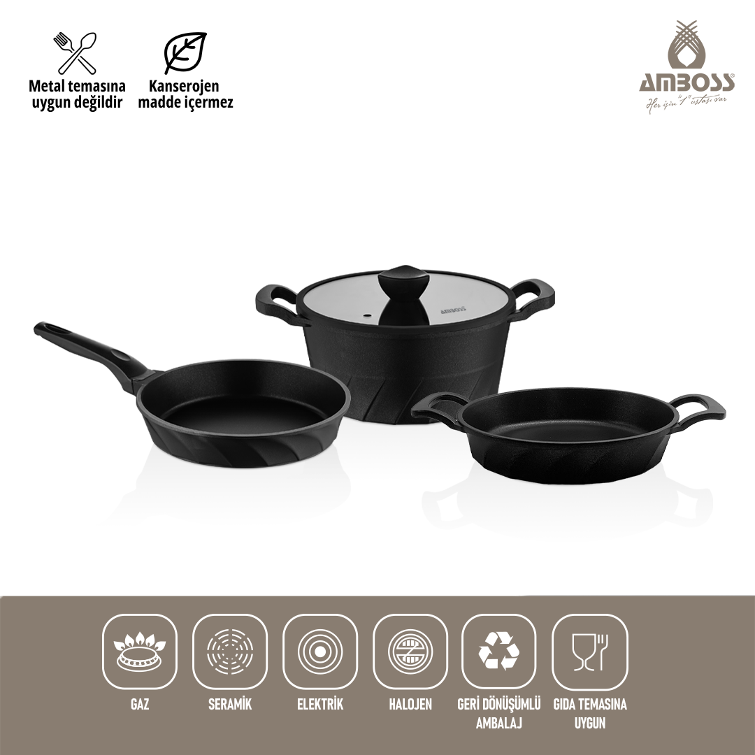 Amboss Kuvars 4 Parça Döküm Titanyum Kaplama Tencere Tava Seti