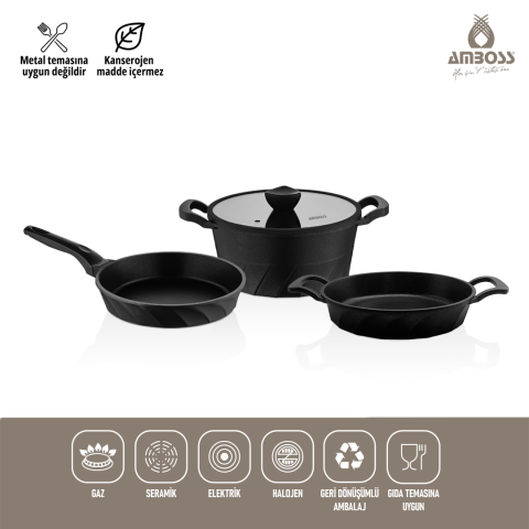 Amboss Kuvars 4 Parça Döküm Titanyum Kaplama Tencere Tava Seti