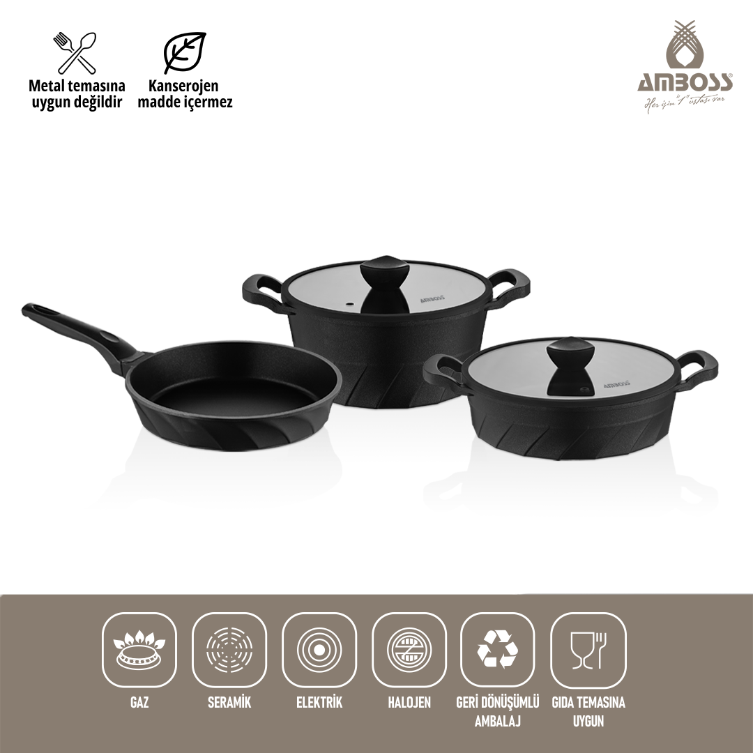 Amboss Kuvars 5 Parça Döküm Titanyum Kaplama Tencere Tava Seti