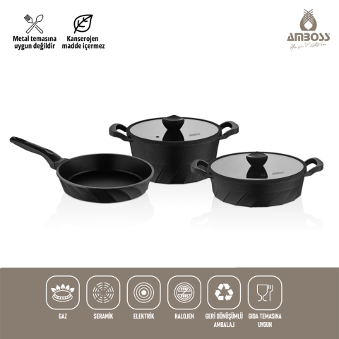 Amboss Kuvars 5 Parça Döküm Titanyum Kaplama Tencere Tava Seti
