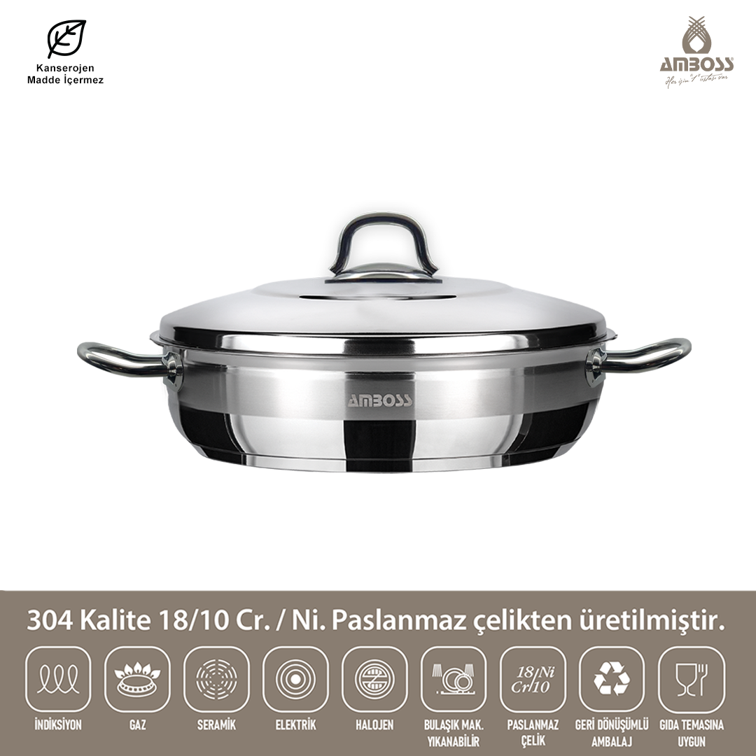 Amboss Saphire Paslanmaz Çelik Basık Tencere 32x10 - Çelik Kapak