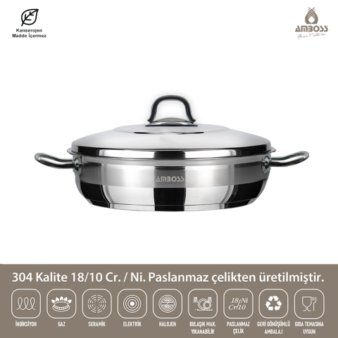 Amboss Saphire Paslanmaz Çelik Basık Tencere 32x10 - Çelik Kapak